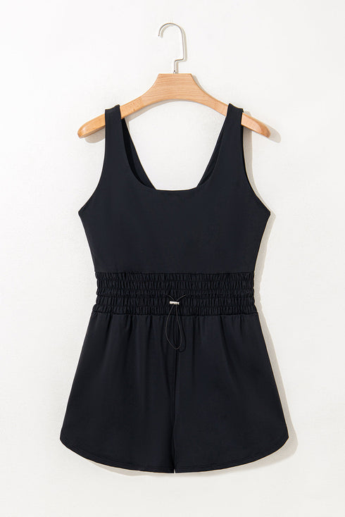 Plain Sleeveless Loop Drawstring Cinched Waist Romper